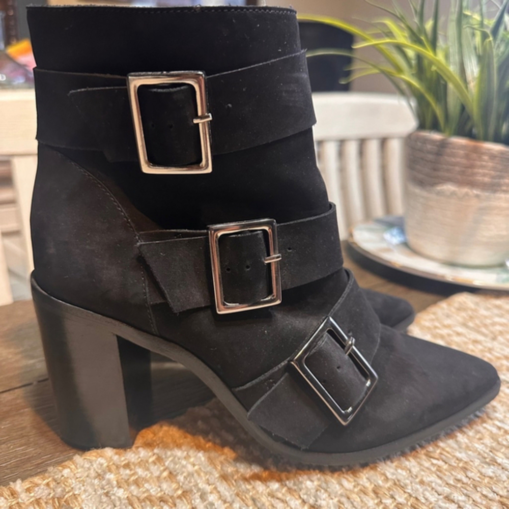 SCHUTZ Black Suede Ankle Boots with Buckles,‎ Block Heel, Pointed Toe